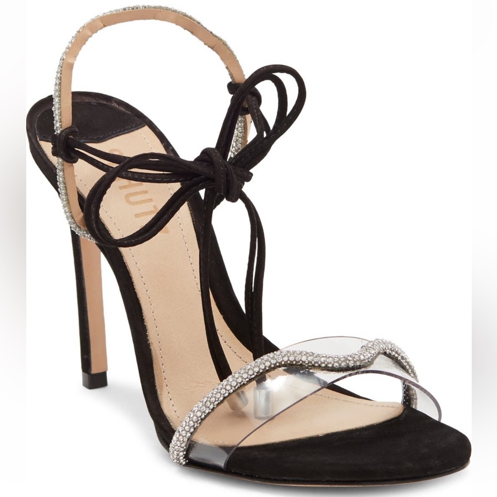 Schutz black tie rhinestone heeled sandal